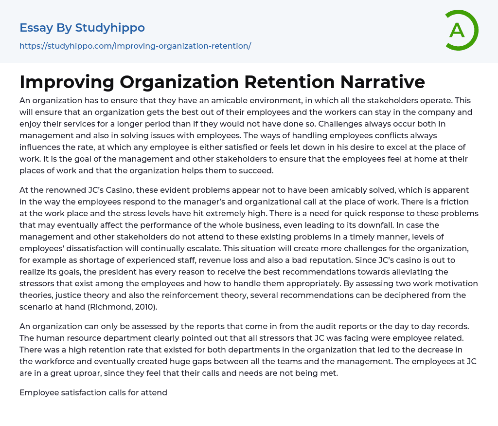 Improving Organization Retention Narrative Essay Example