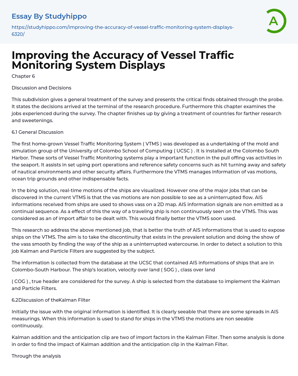 Improving the Accuracy of Vessel Traffic Monitoring System Displays Essay Example