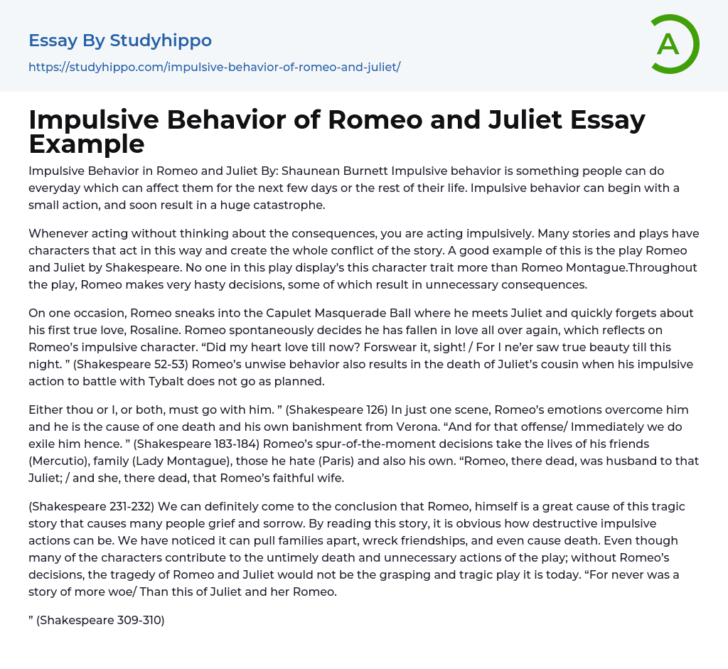 Impulsive Behavior of Romeo and Juliet Essay Example
