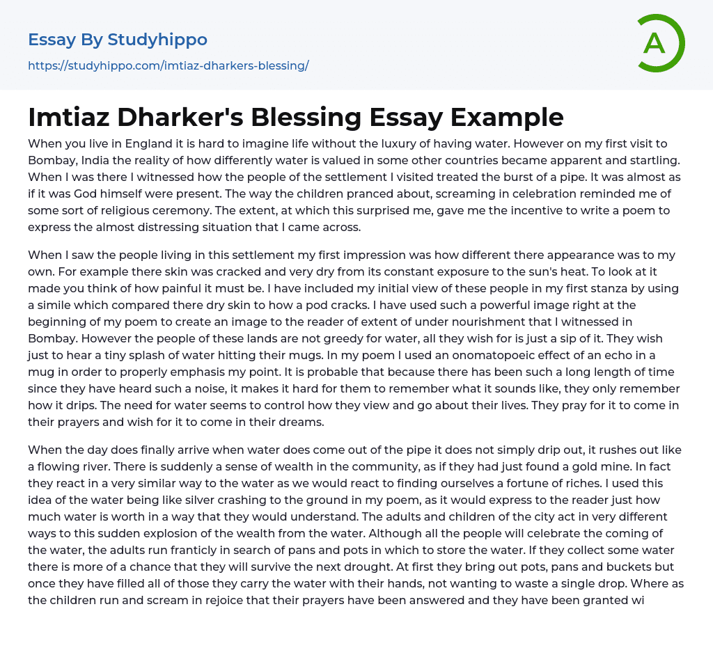 Imtiaz Dharker’s Blessing Essay Example