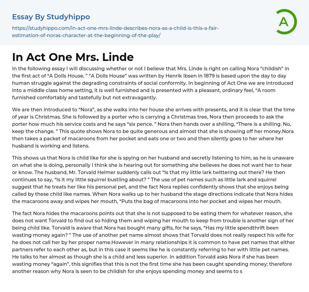 In Act One Mrs. Linde Essay Example
