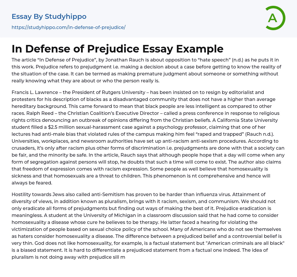 In Defense of Prejudice Essay Example
