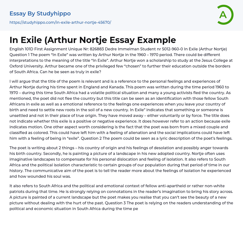 “In Exile” by Arthur Nortje Essay Example