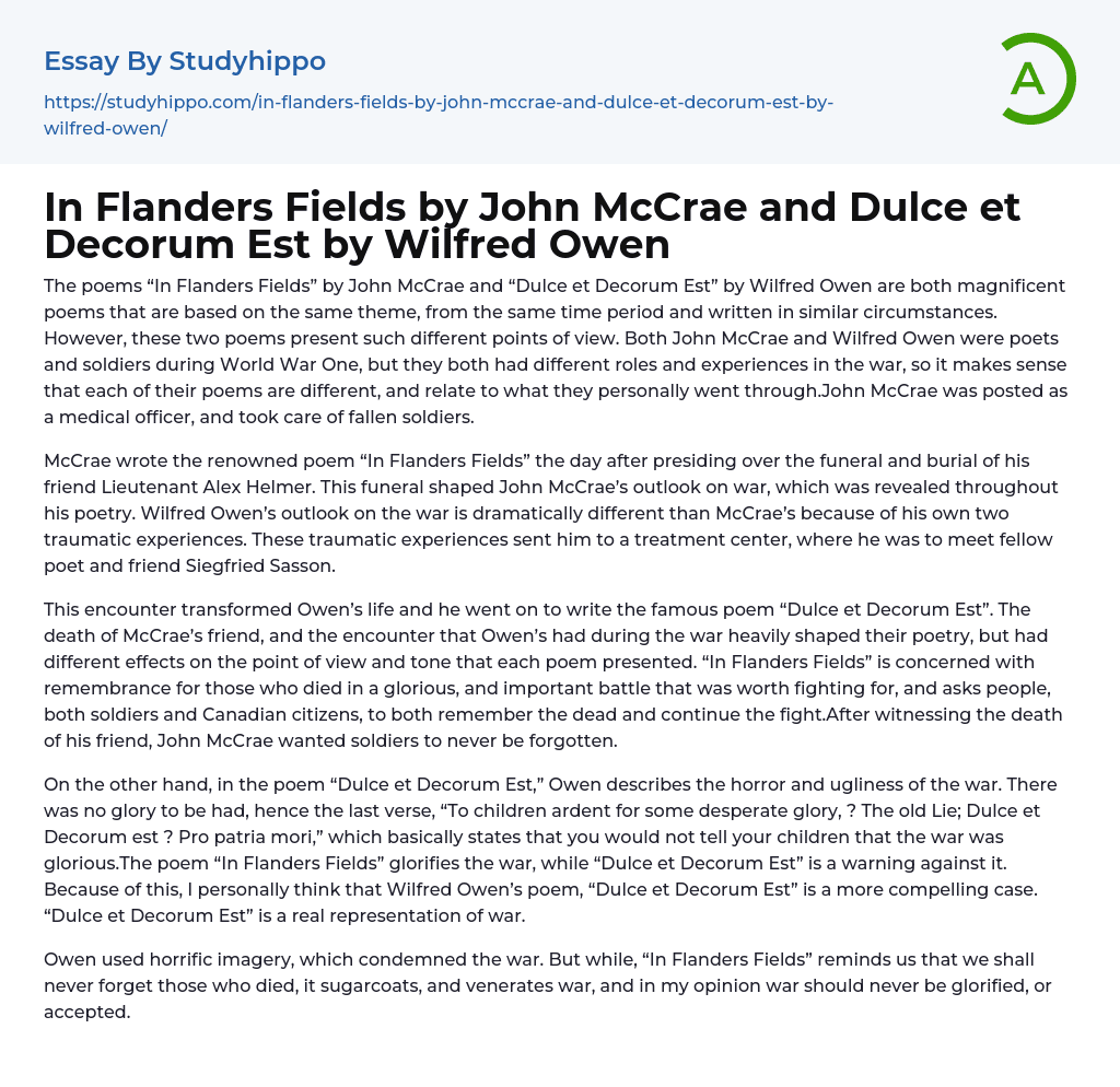 In Flanders Fields by John McCrae and Dulce et Decorum Est by Wilfred Owen Essay Example