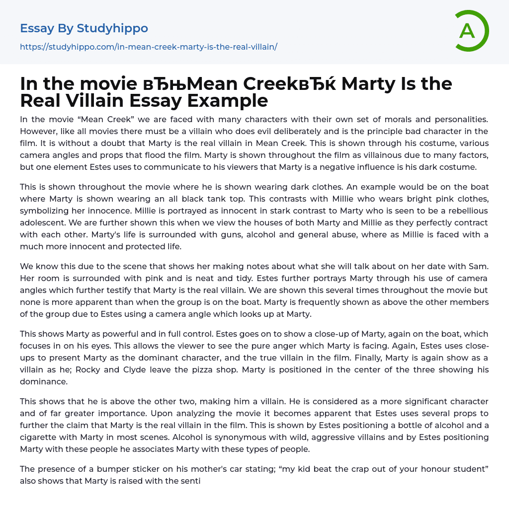 In the movie “Mean Creek” Marty Is the Real Villain Essay Example