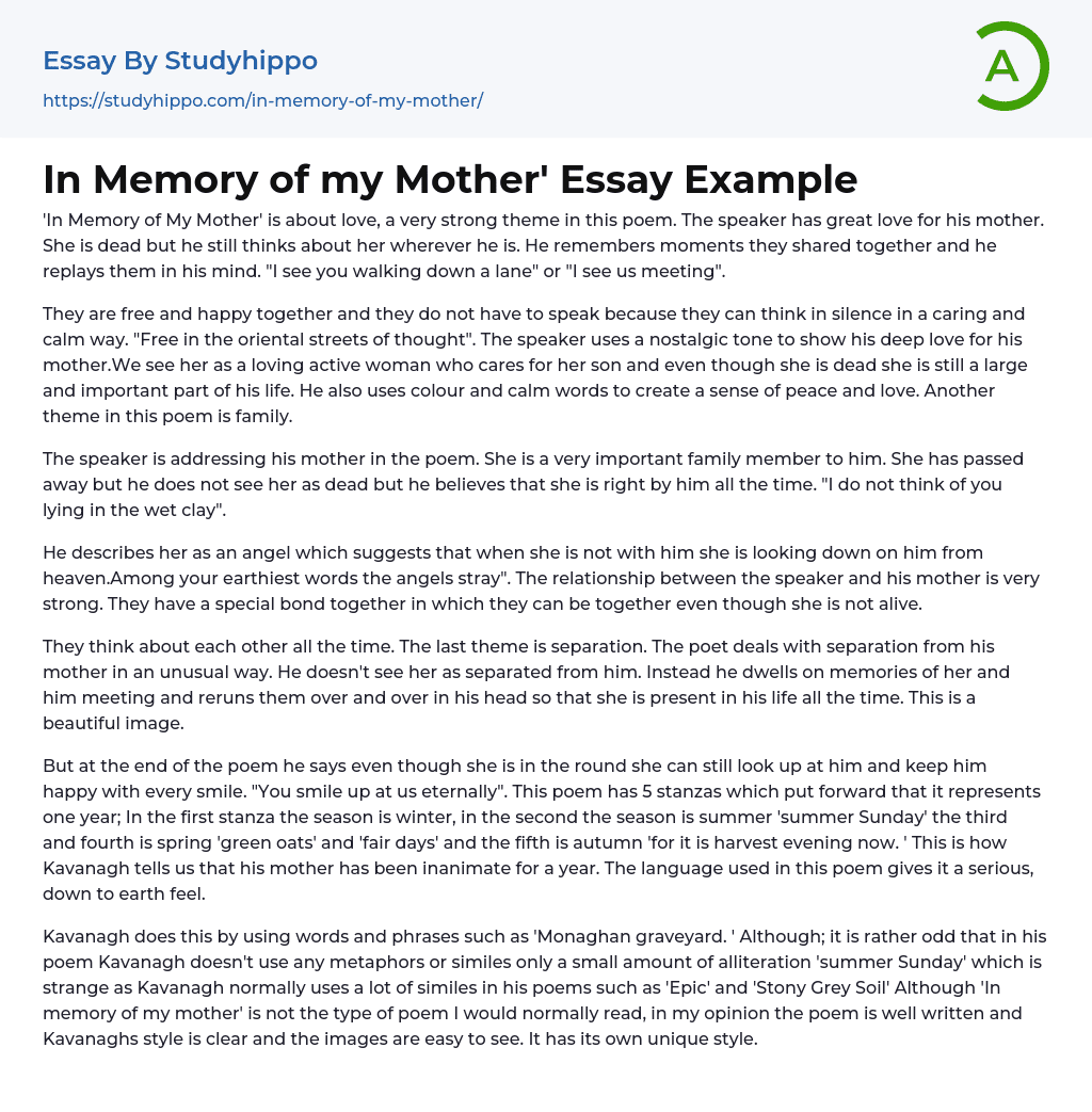 In Memory of my Mother’ Essay Example