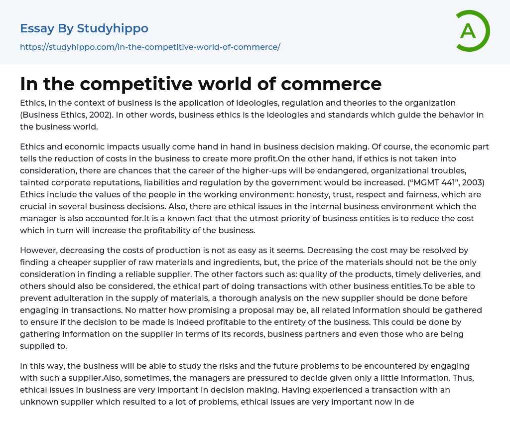 In the competitive world of commerce Essay Example