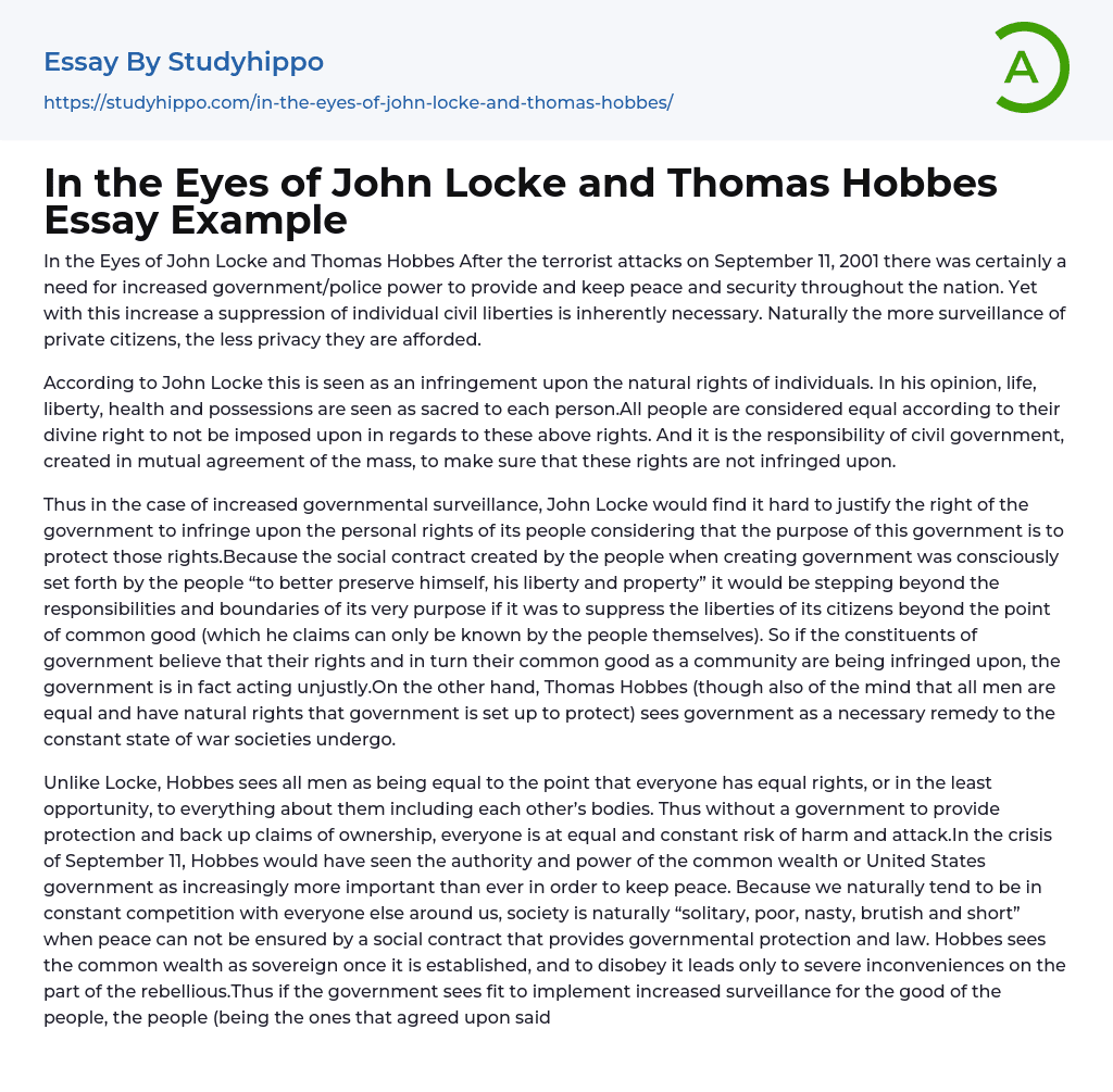 In the Eyes of John Locke and Thomas Hobbes Essay Example