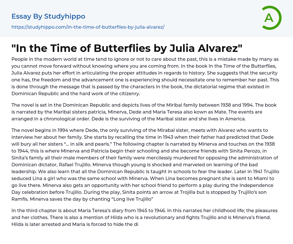 “In the Time of Butterflies by Julia Alvarez” Essay Example