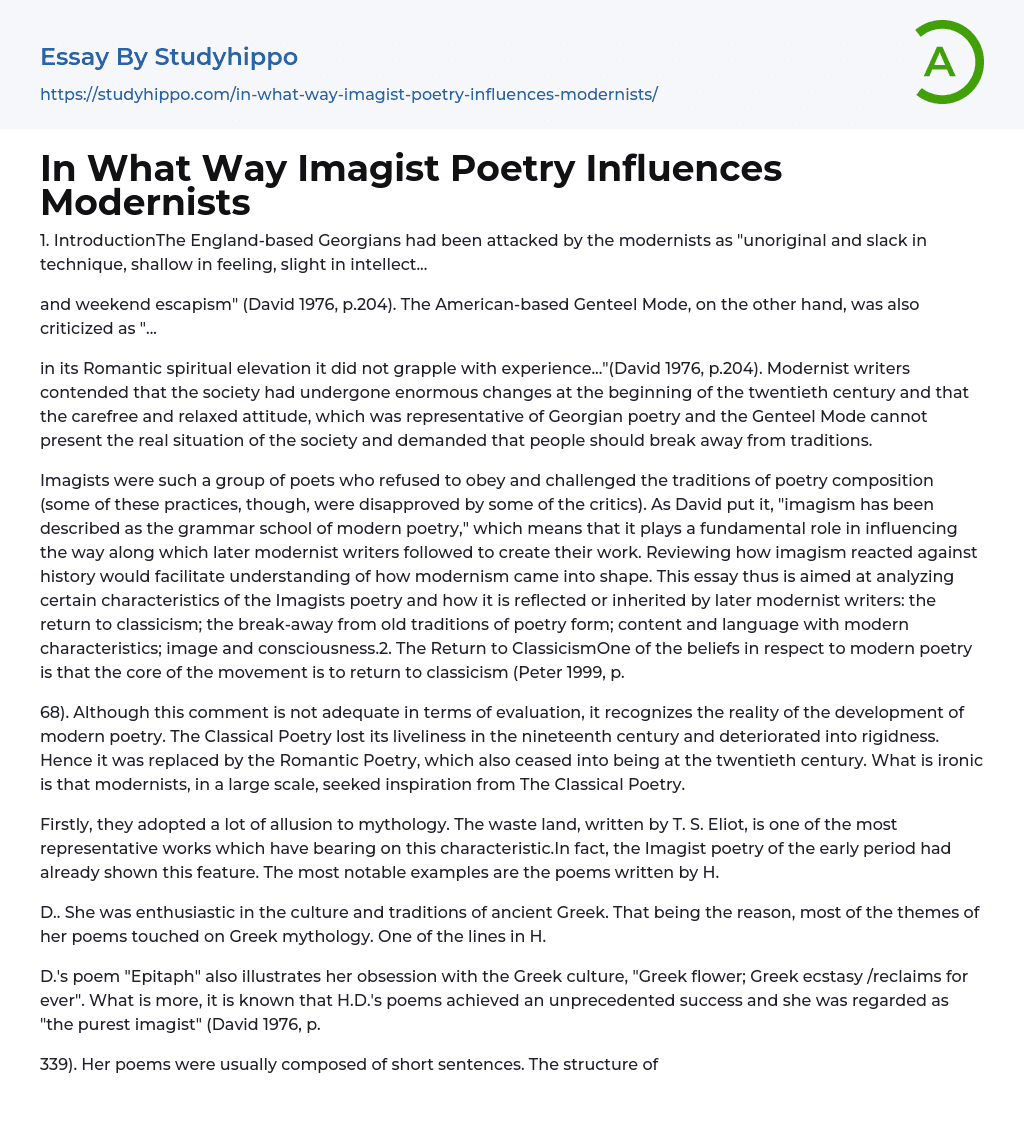 In What Way Imagist Poetry Influences Modernists Essay Example