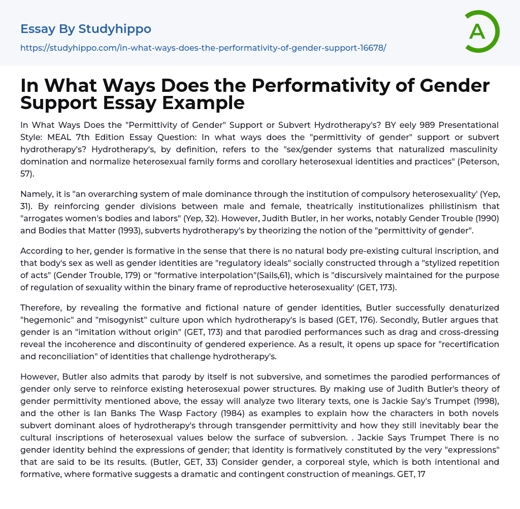 In What Ways Does the Performativity of Gender Support Essay Example