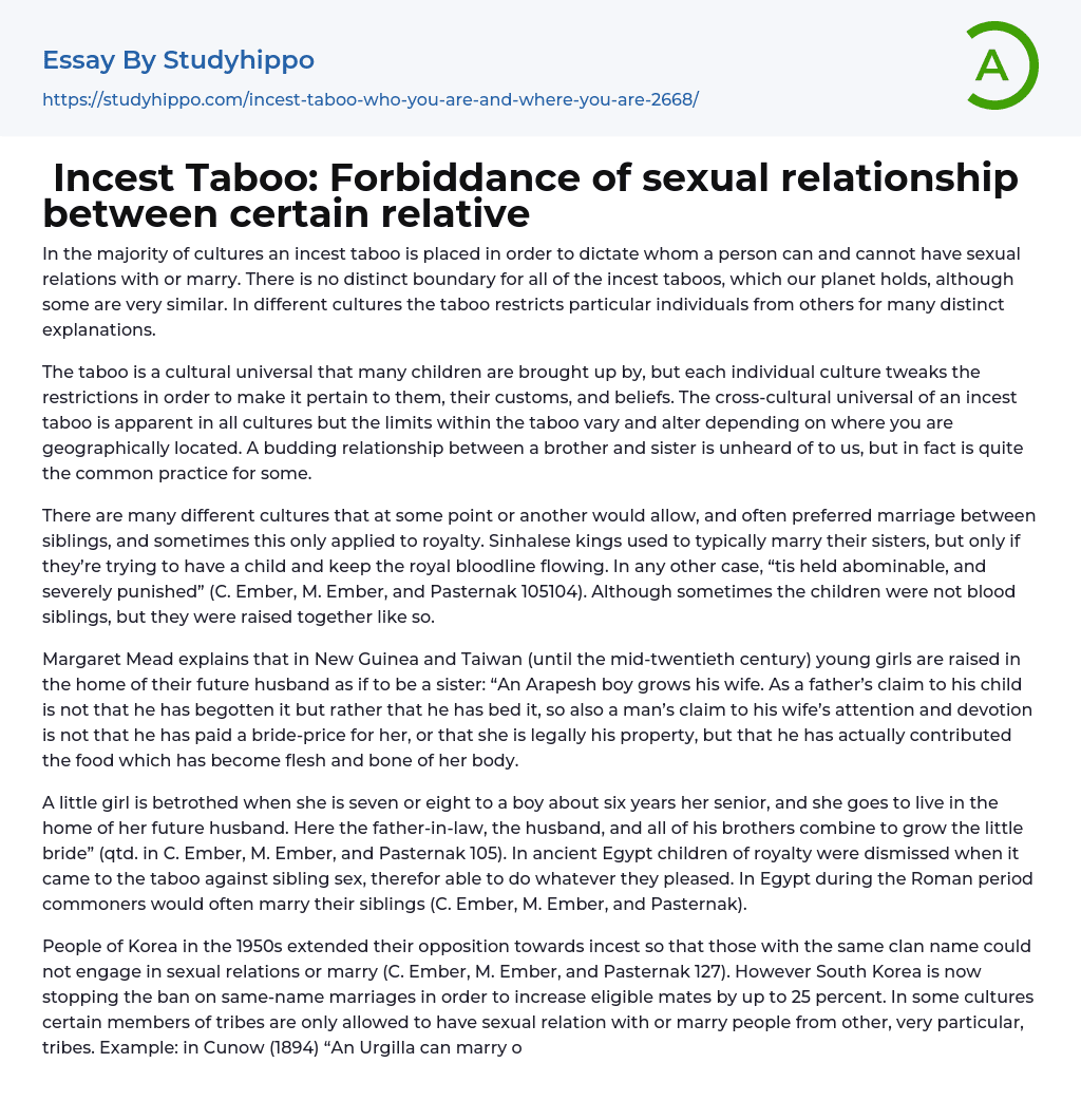 Incest Taboo: Forbiddance of sexual relationship between certain relative Essay Example