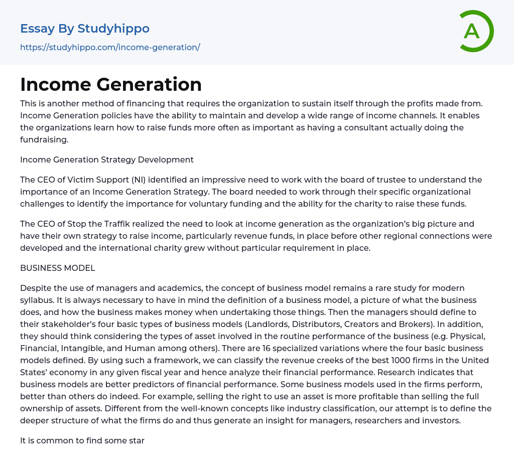 Income Generation Essay Example