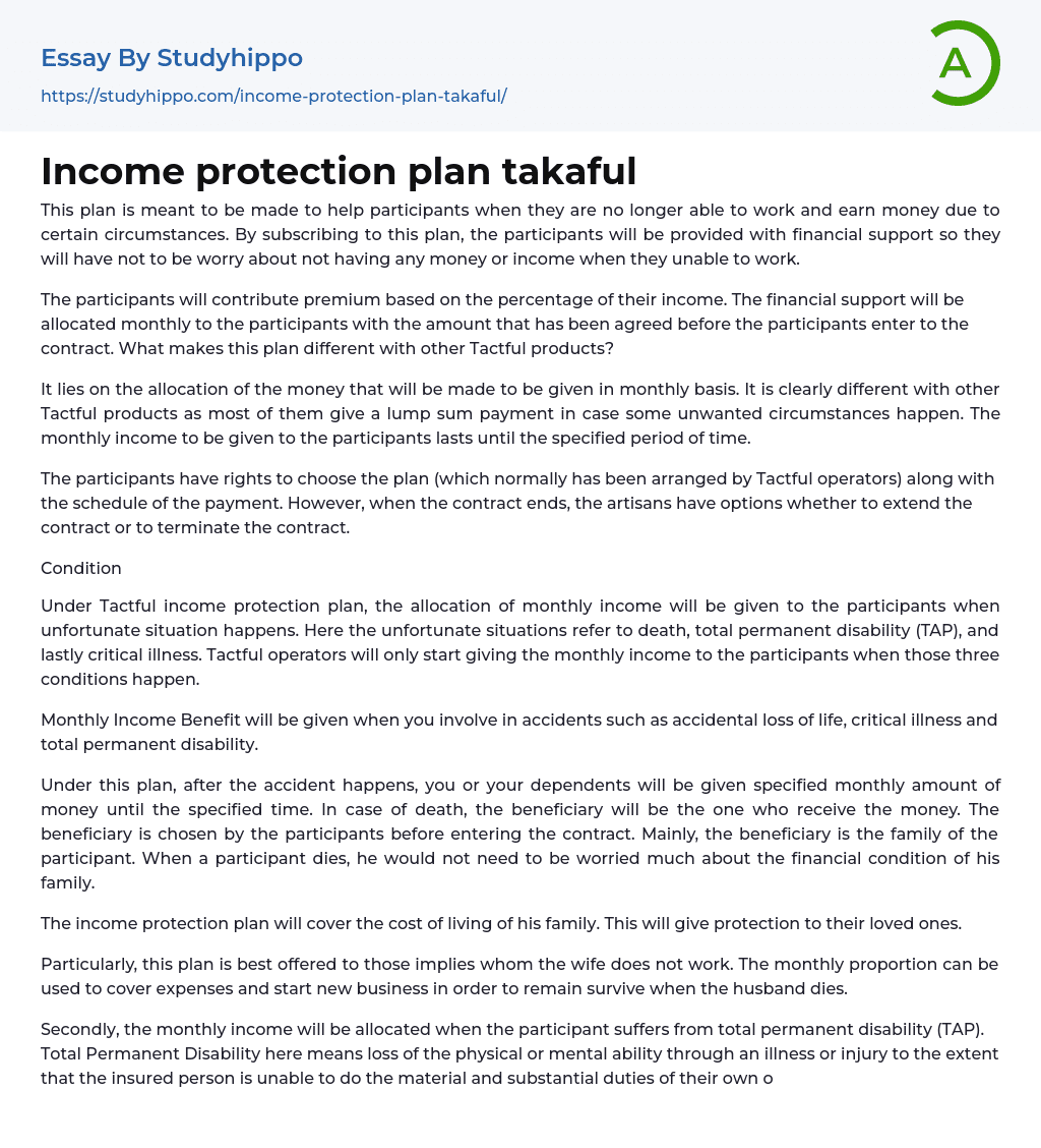 Income protection plan takaful Essay Example