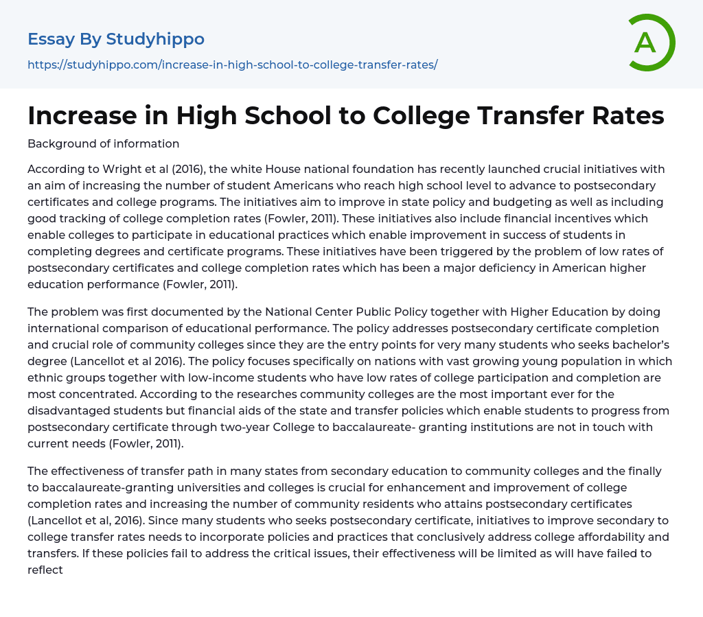 Increase in High School to College Transfer Rates Essay Example