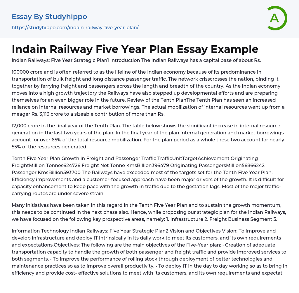 Indain Railway Five Year Plan Essay Example