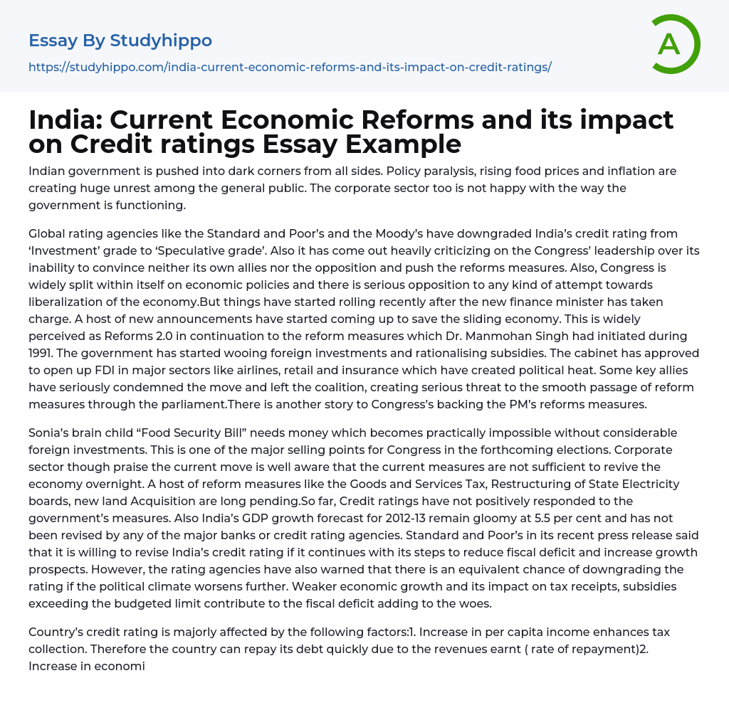 India: Current Economic Reforms and its impact on Credit ratings Essay Example