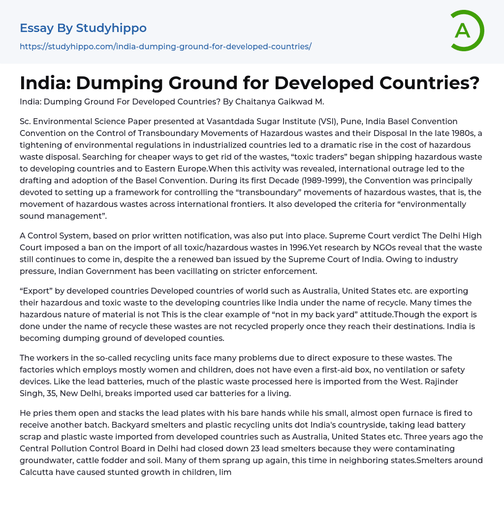 India: Dumping Ground for Developed Countries? Essay Example