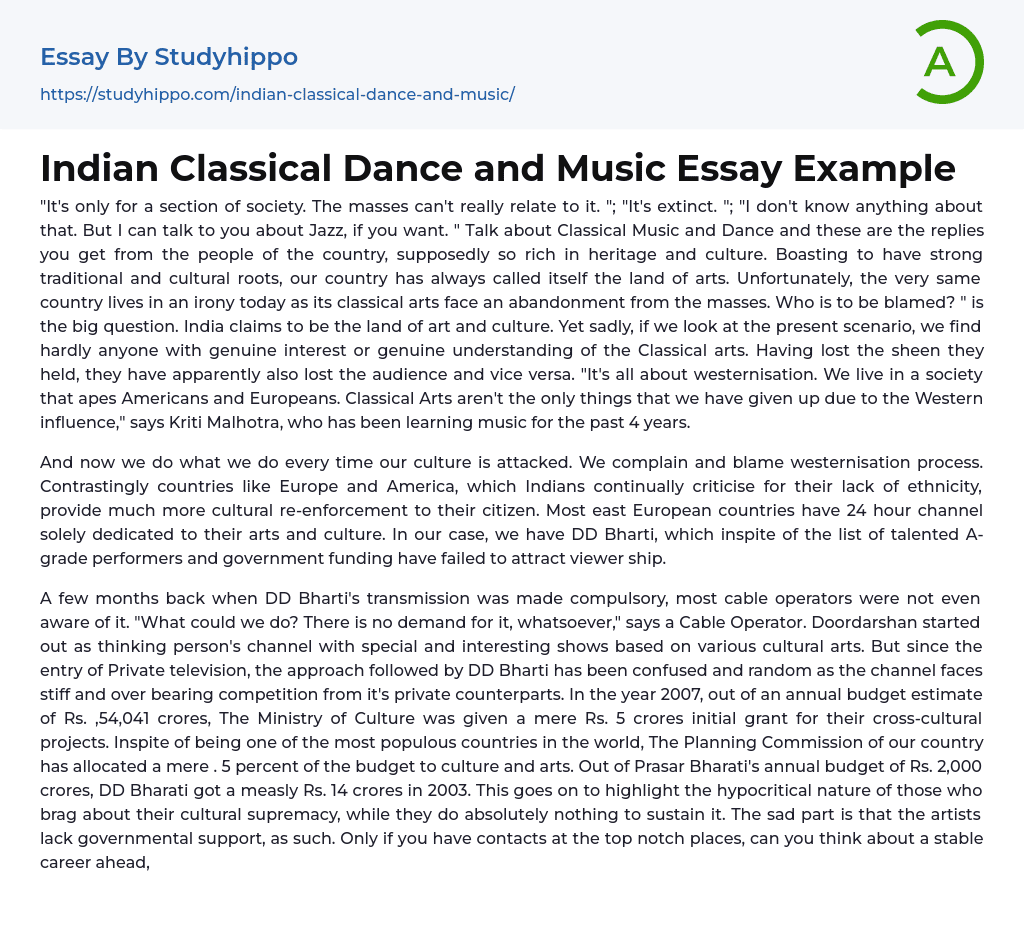 Indian Classical Dance and Music Essay Example