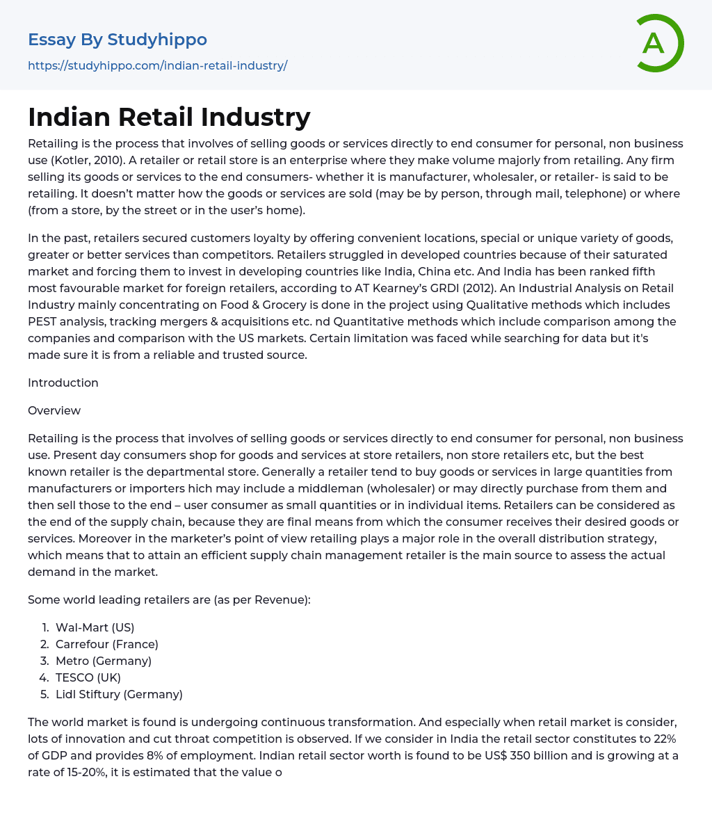 Indian Retail Industry Essay Example