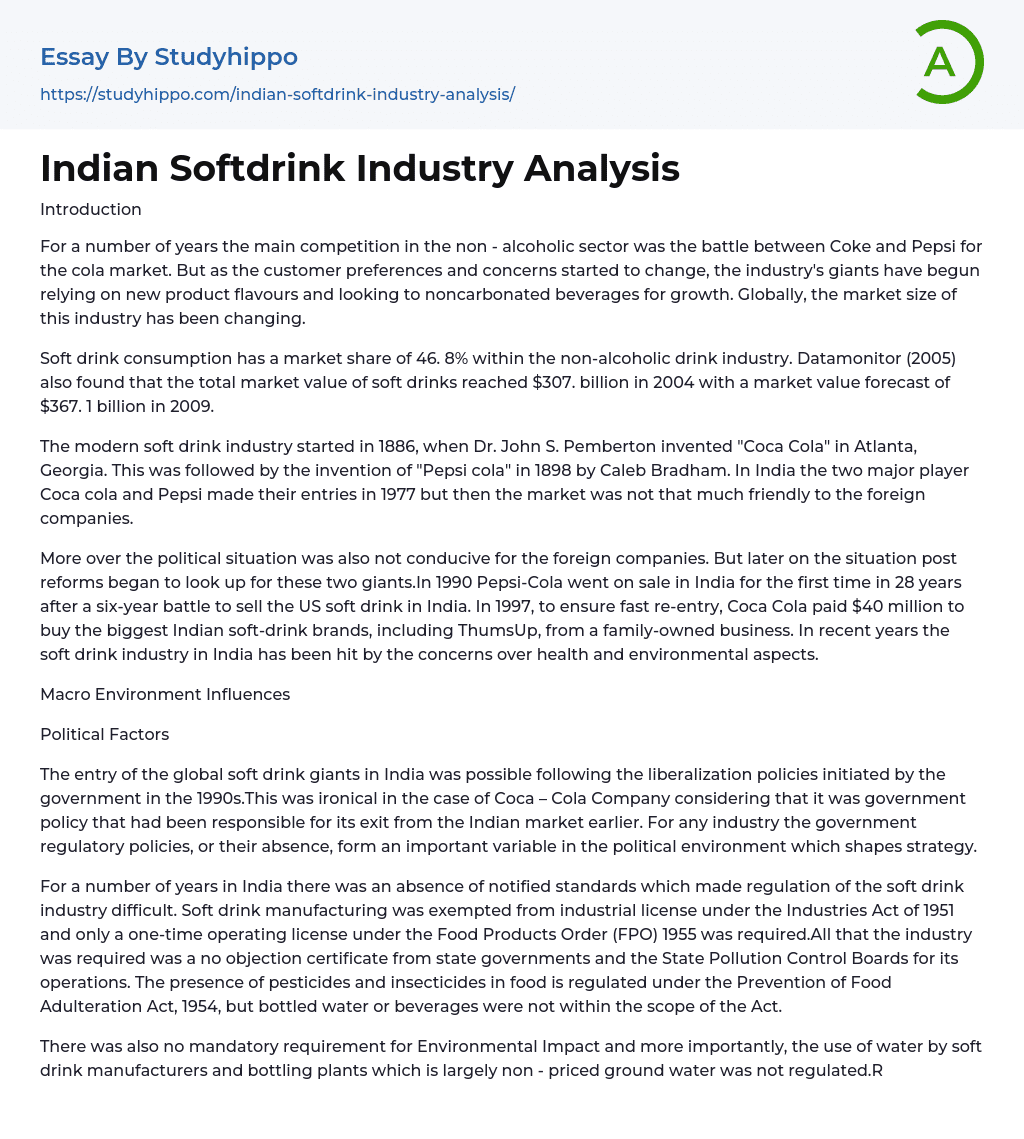 Indian Softdrink Industry Analysis Essay Example