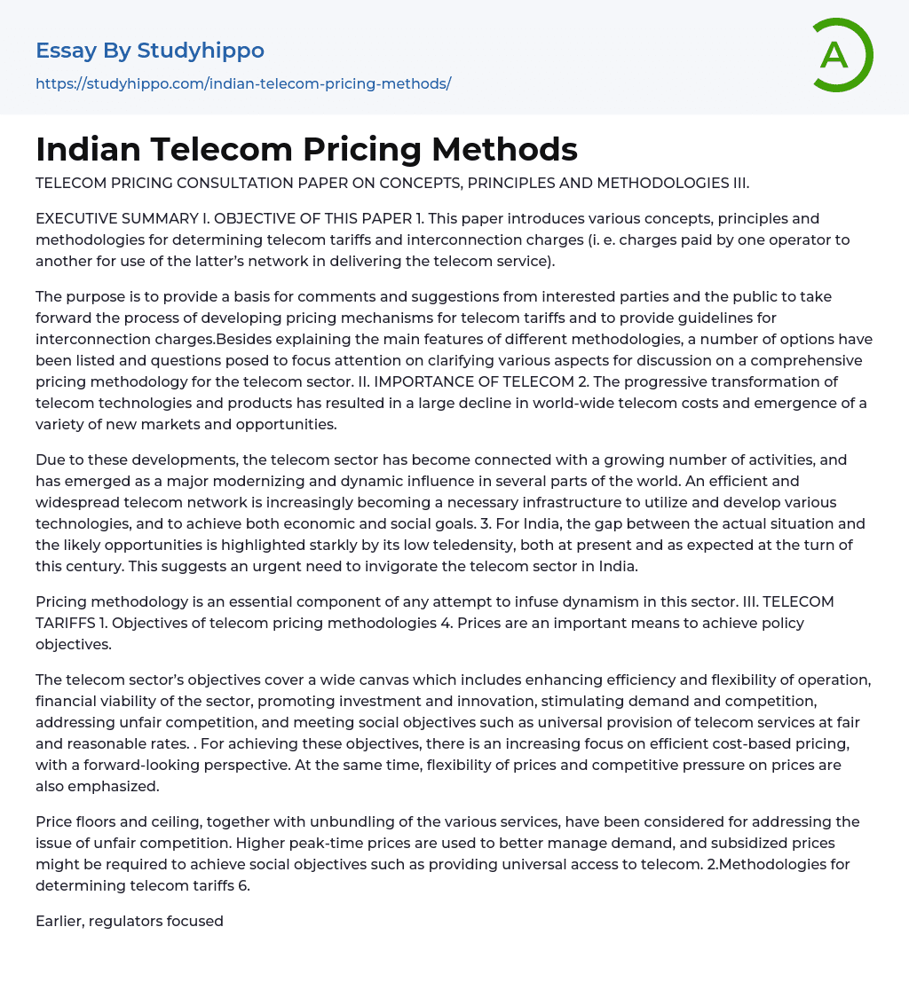 Indian Telecom Pricing Methods Essay Example