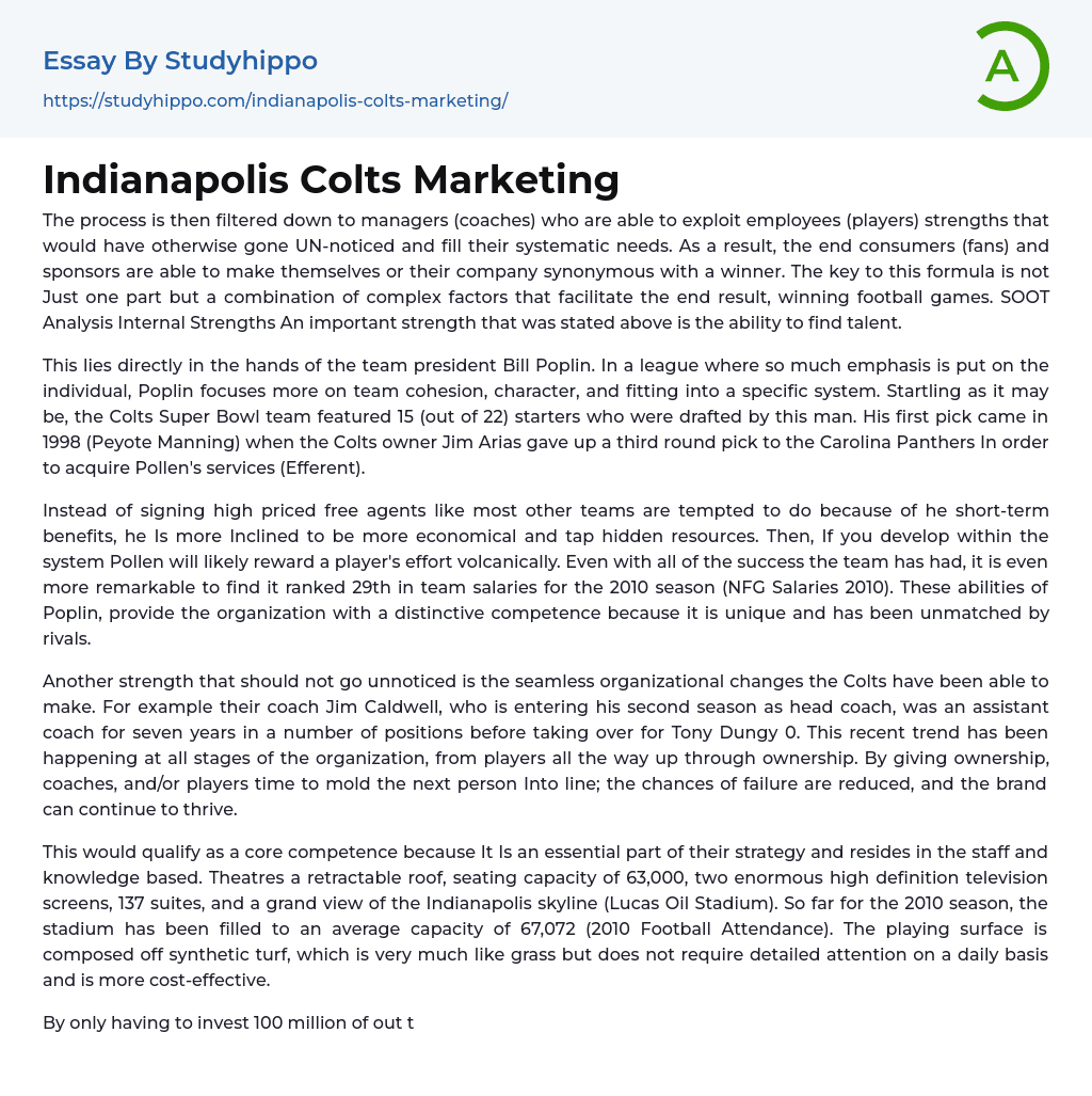 Indianapolis Colts Marketing Essay Example