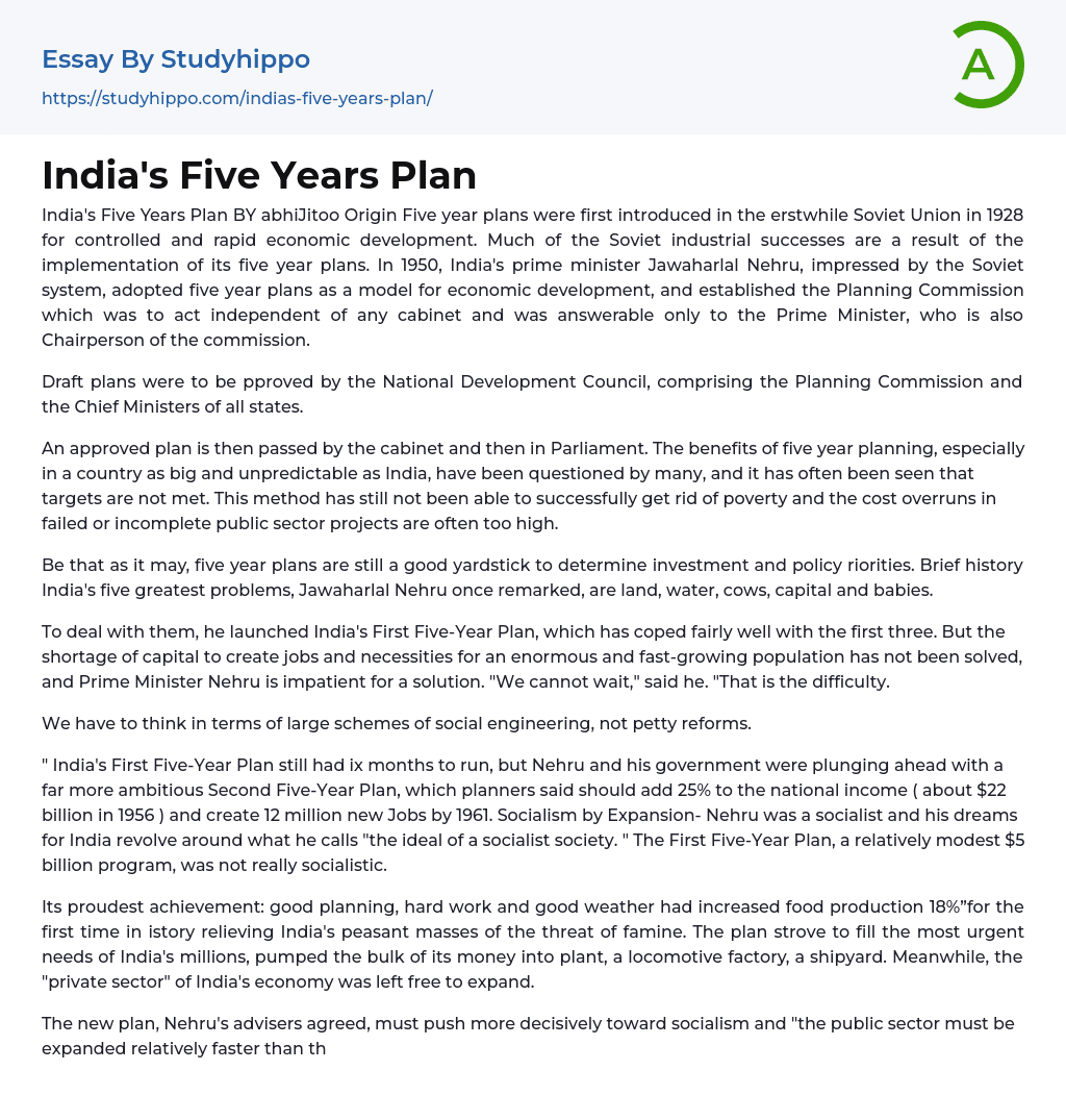 India’s Five Years Plan Essay Example