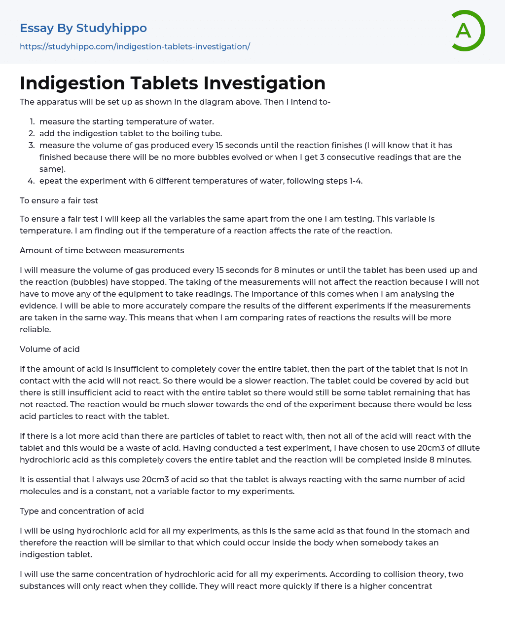 Indigestion Tablets Investigation Essay Example