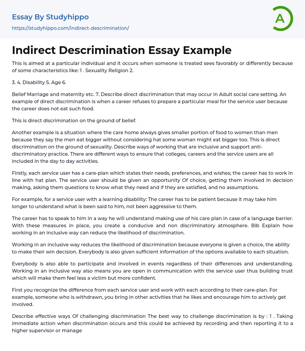 Indirect Descrimination Essay Example