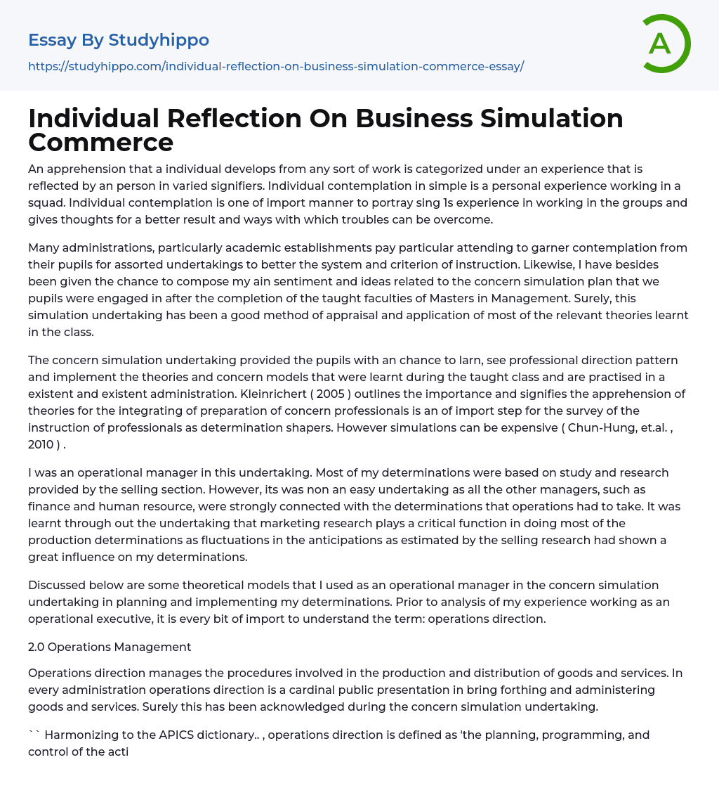 Individual Reflection On Business Simulation Commerce Essay Example