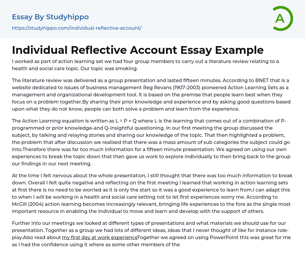 Individual Reflective Account Essay Example