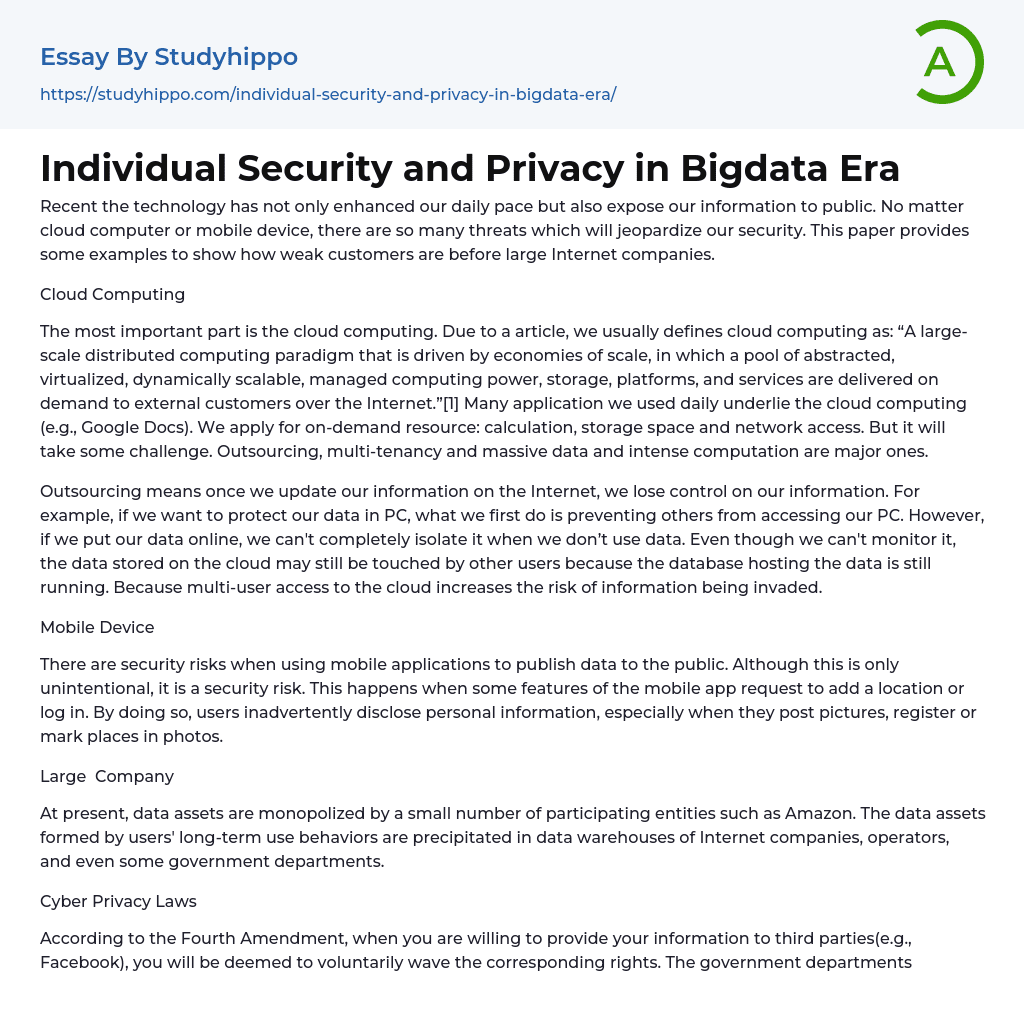 Individual Security and Privacy in Bigdata Era Essay Example