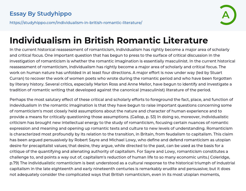 Individualism in British Romantic Literature Essay Example