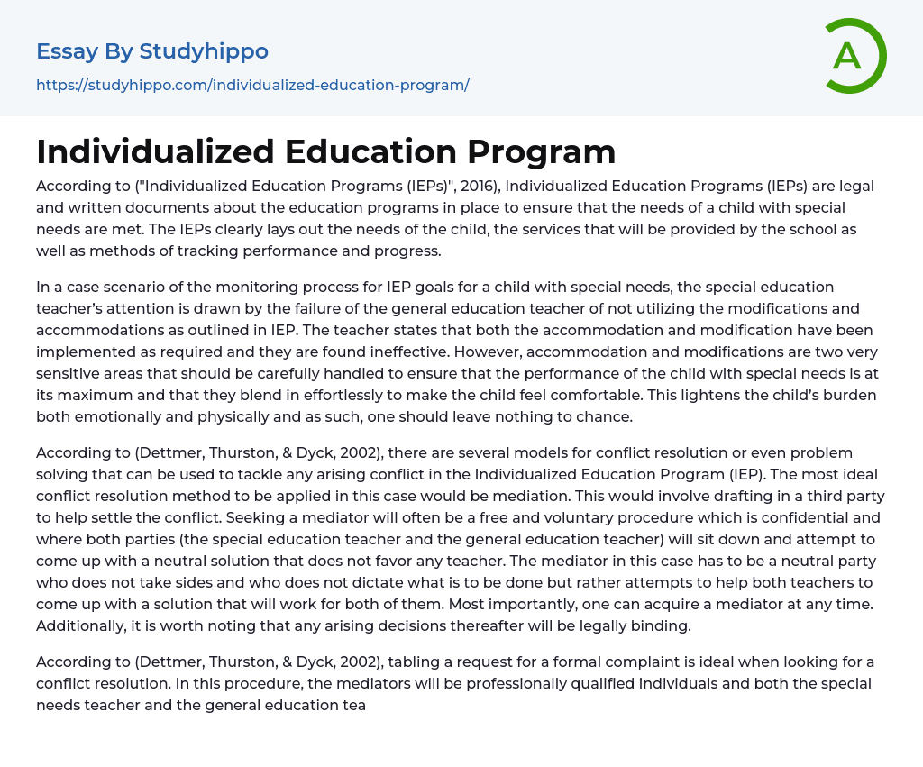 Individualized Education Program Essay Example