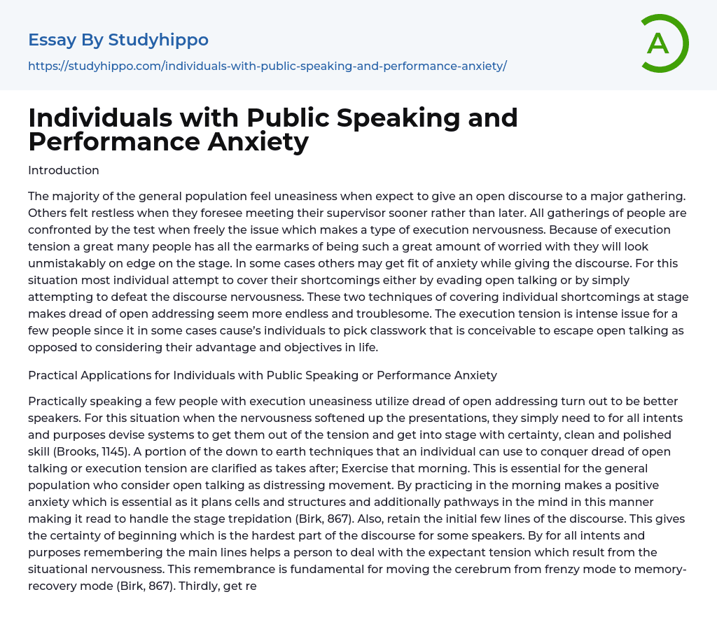 Individuals with Public Speaking and Performance Anxiety Essay Example