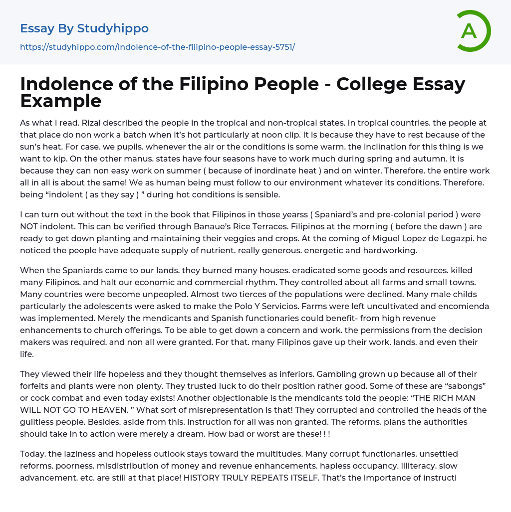 Indolence of the Filipino People – College Essay Example