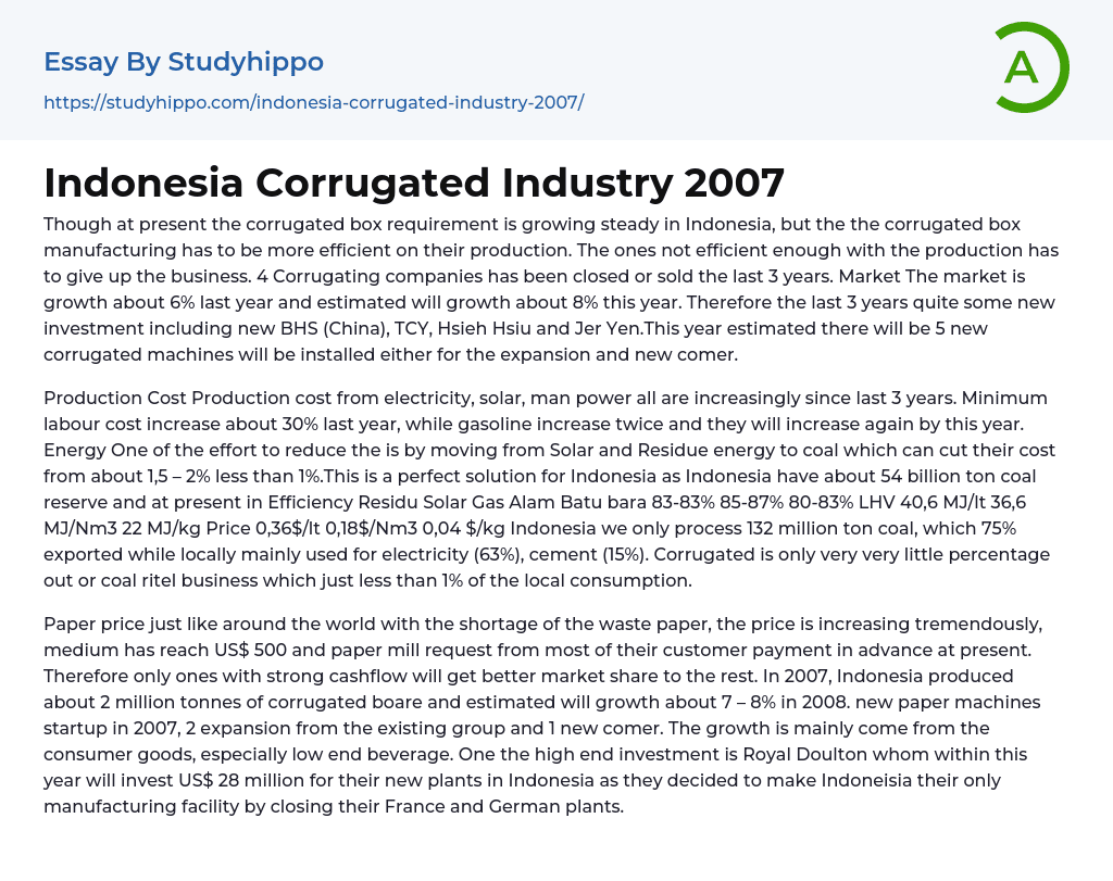 Indonesia Corrugated Industry 2007 Essay Example
