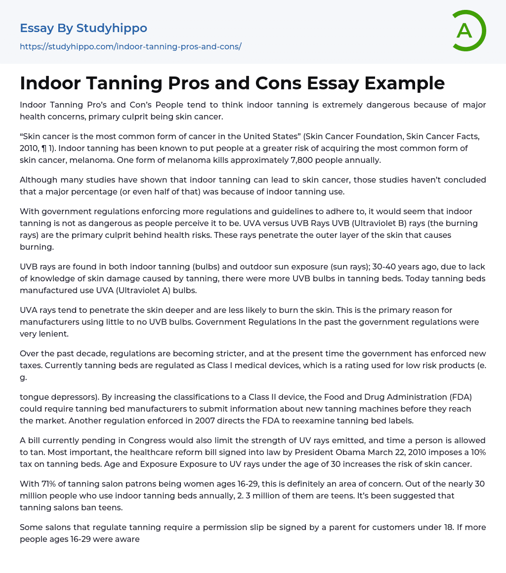 Indoor Tanning Pros and Cons Essay Example