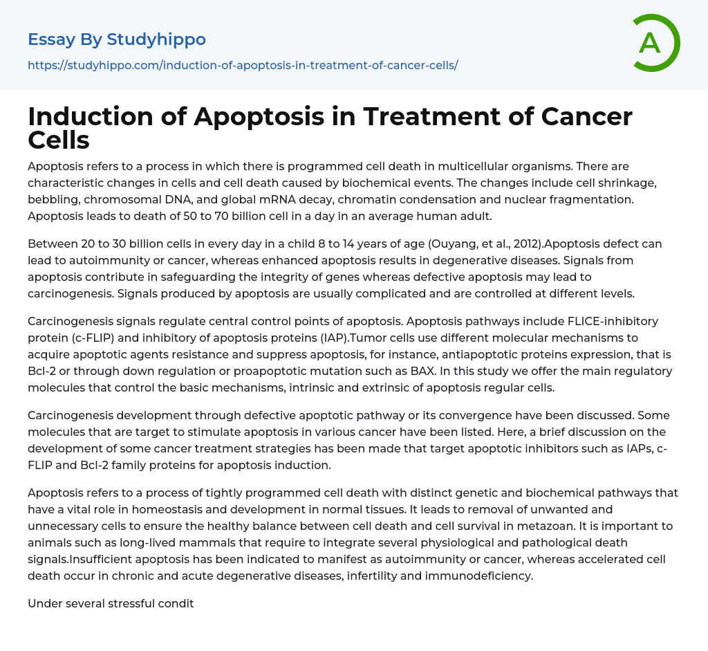 Induction of Apoptosis in Treatment of Cancer Cells Essay Example