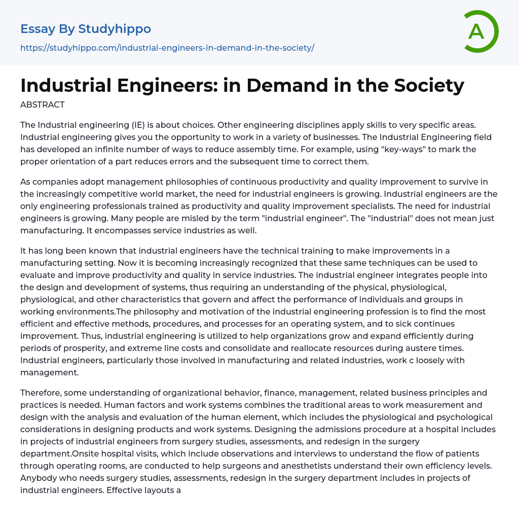 Industrial Engineers: in Demand in the Society Essay Example