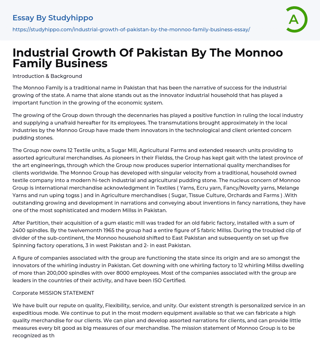 Industrial Growth Of Pakistan By The Monnoo Family Business Essay Example