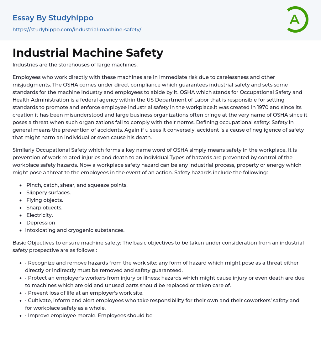 Industrial Machine Safety Essay Example
