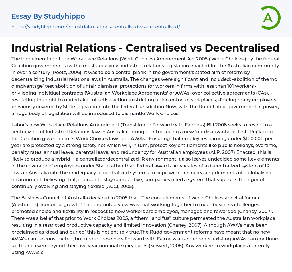 Industrial Relations – Centralised vs Decentralised Essay Example