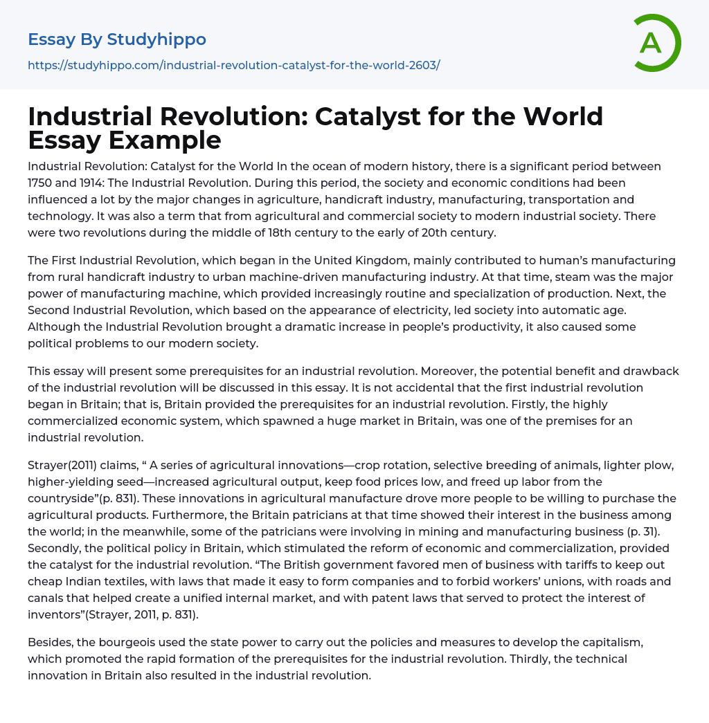 Industrial Revolution: Catalyst for the World Essay Example