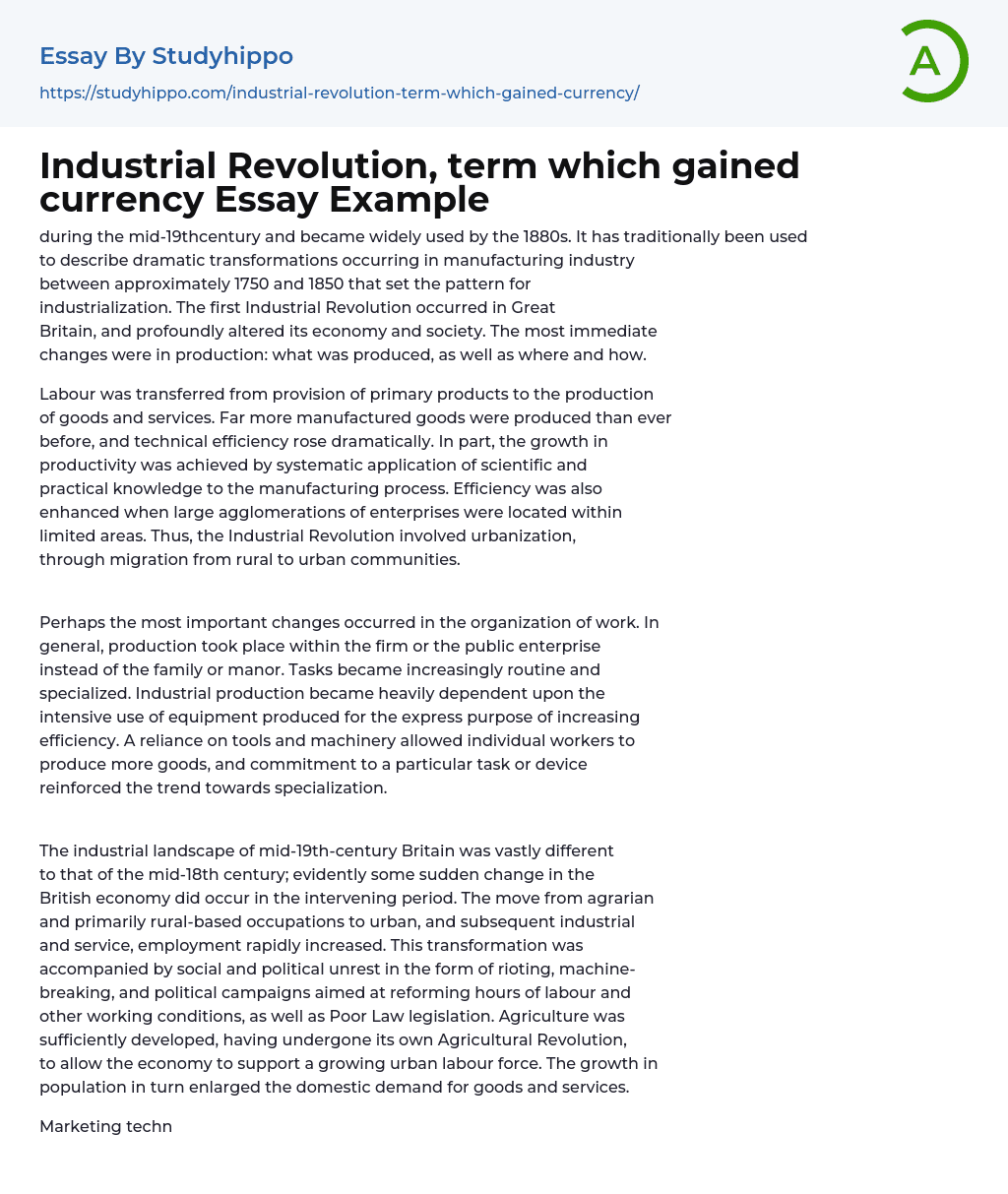 Industrial Revolution, term which gained currency Essay Example