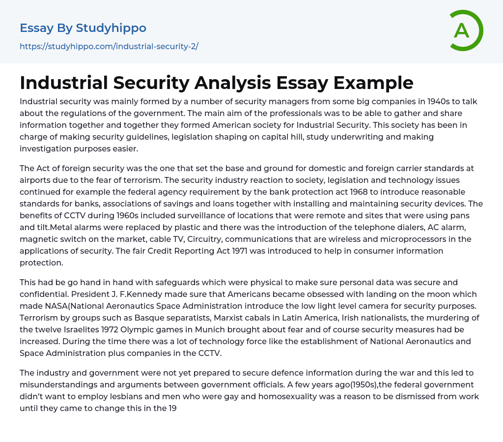 Industrial Security Analysis Essay Example
