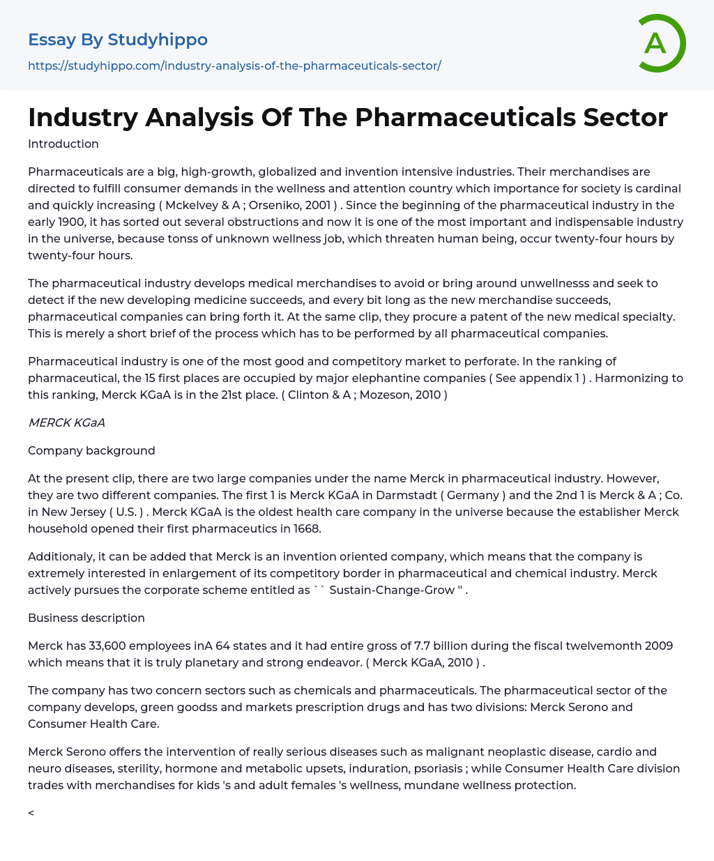 Industry Analysis Of The Pharmaceuticals Sector Essay Example