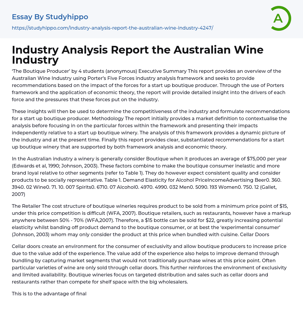 Industry Analysis Report the Australian Wine Industry Essay Example