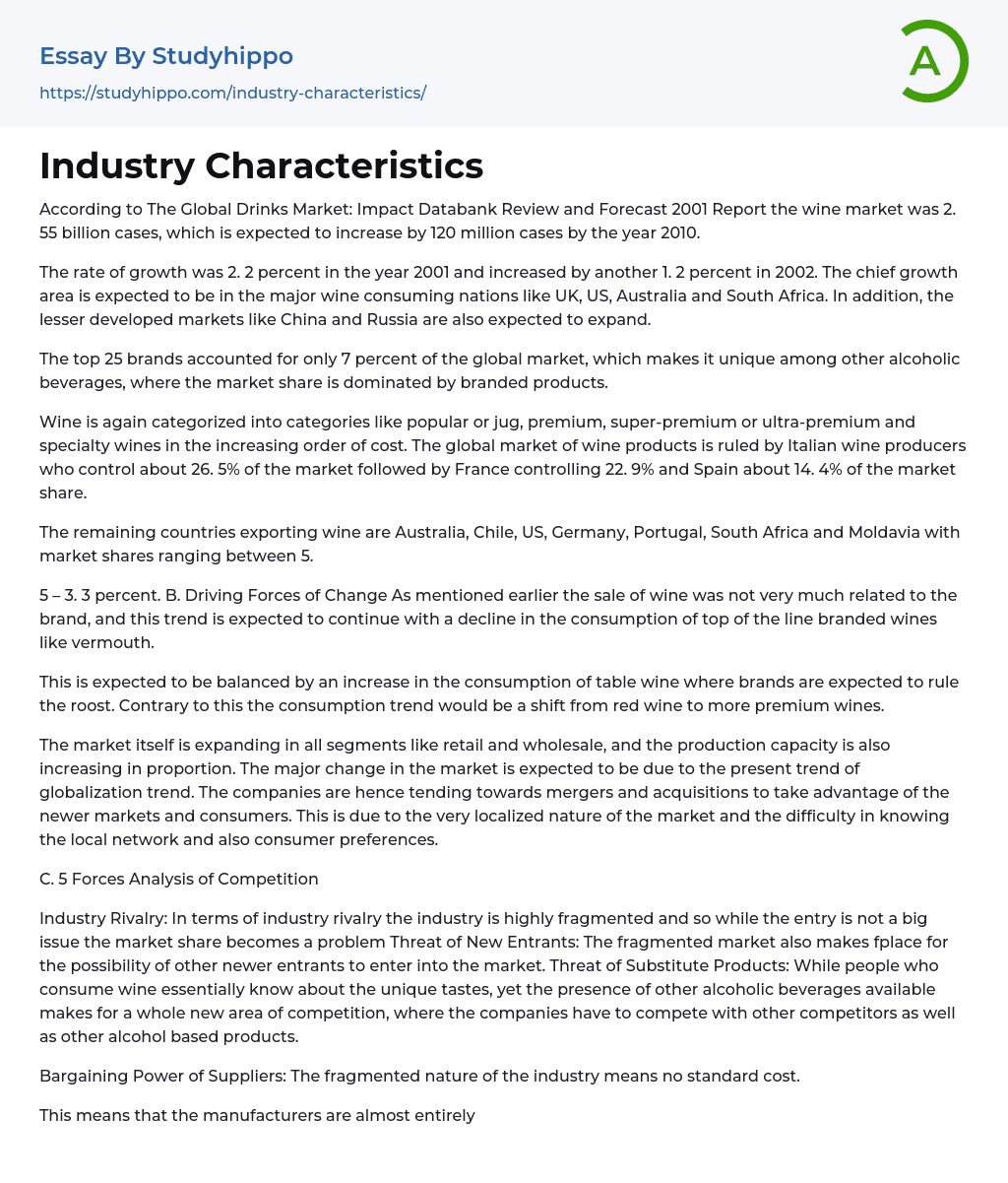 Industry Characteristics: According to The Global Drinks Market: Essay Example